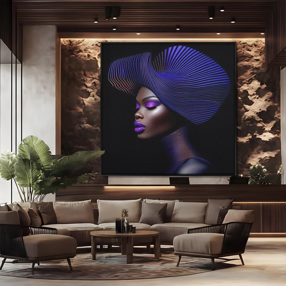 Tablou canvas cu portret digital de femeie cu fusta plisata, in rama de aluminiu negru, pe perete intr-un birou